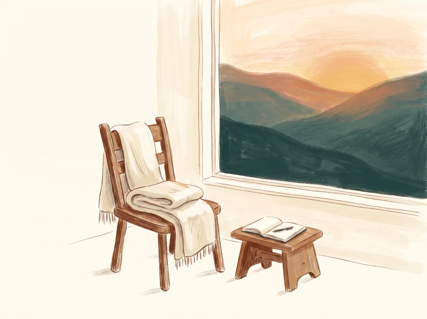 Illustration of a quiet wooden chair with a folded blanket beside a window overlooking hills at sunrise