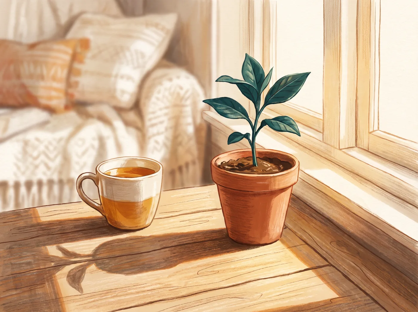 Illustration of a small potted plant sprouting on a sunlit windowsill beside a warm mug of tea