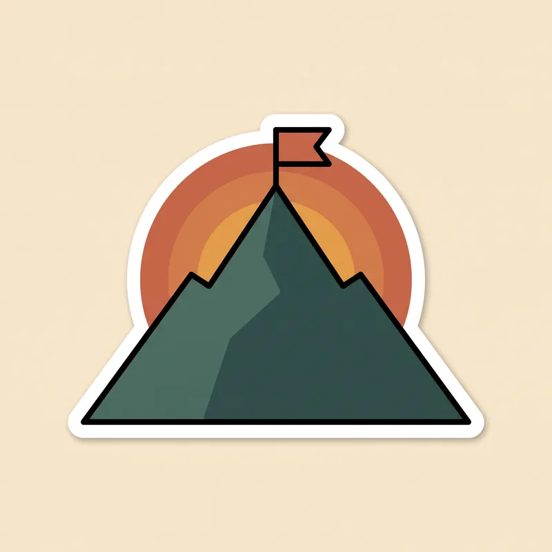 Sticker illustration of a mountain peak with a small flag at the summit