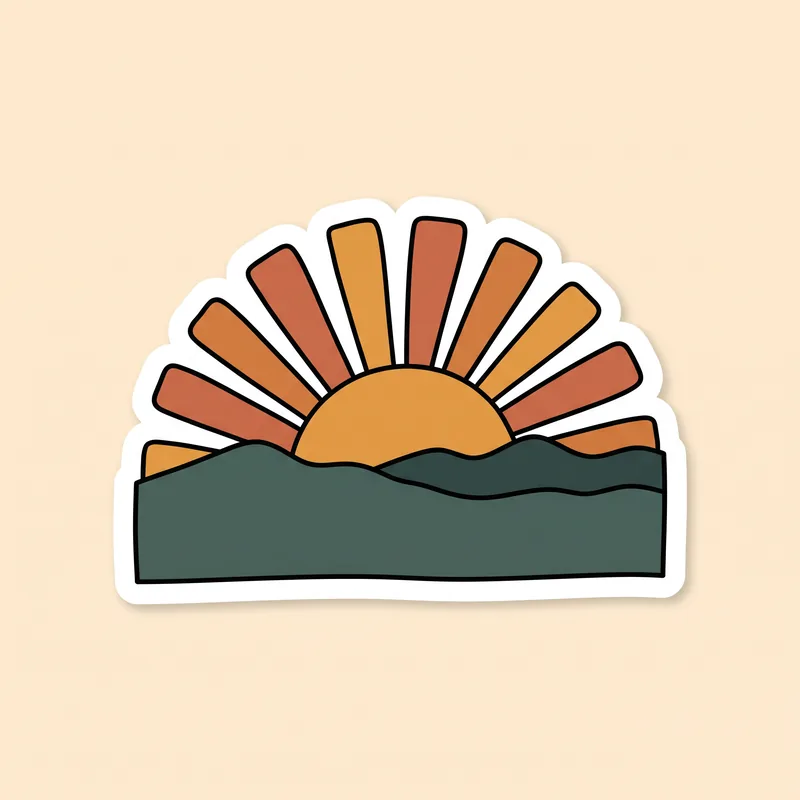Sticker illustration of a rising sun over a hill, representing One Day At A Time