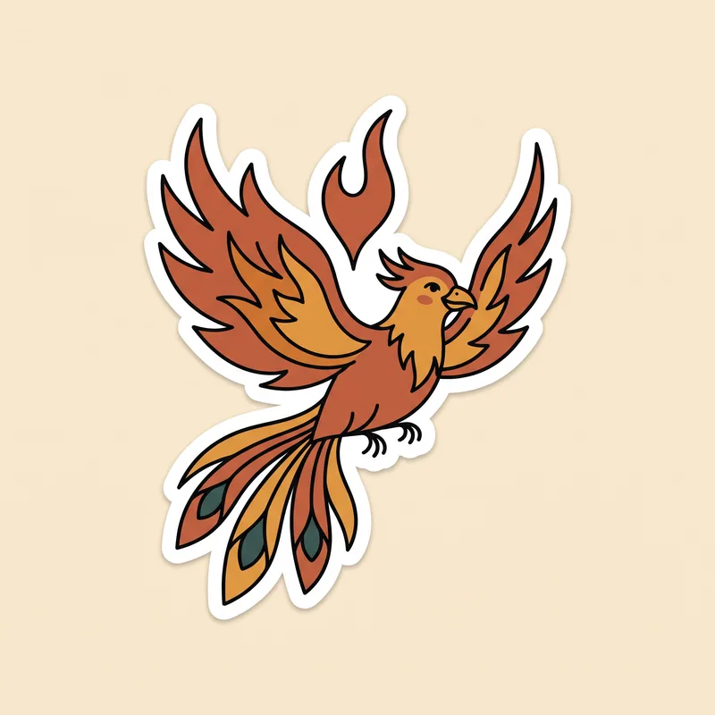 Sticker illustration of a small phoenix bird mid-flight in warm colors