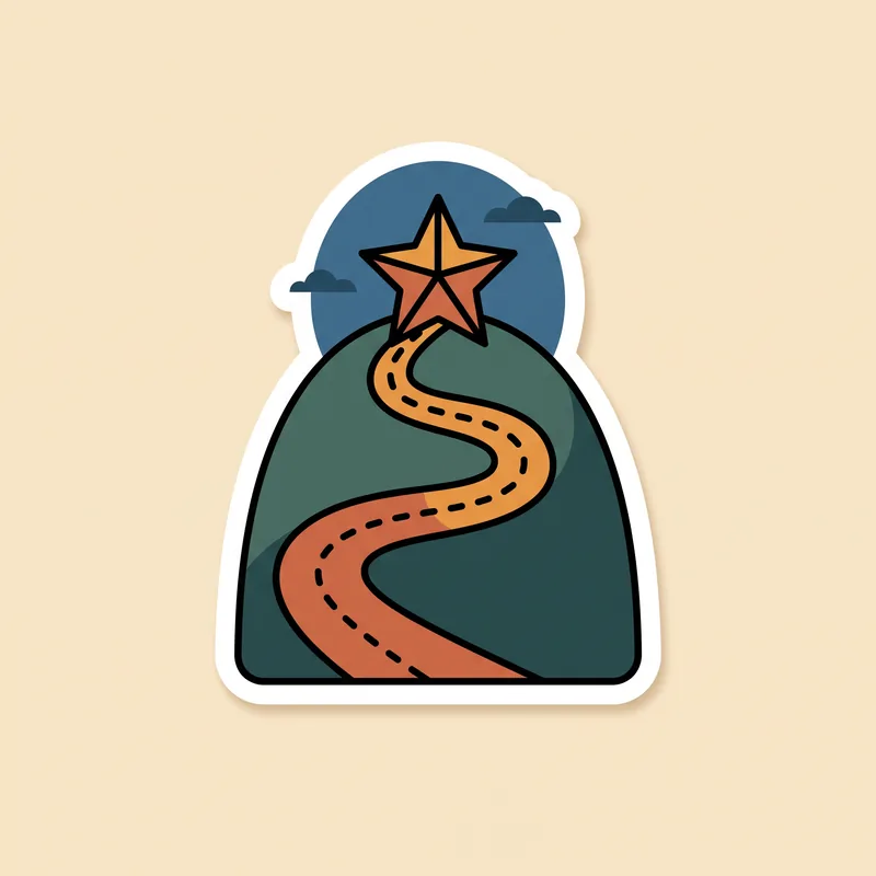 Sticker illustration of a winding path leading up a hill toward a star, representing Progress Not Perfection