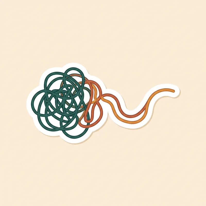 Sticker illustration of a tangled knotted line that smooths into a calm flowing curve, representing an ADHD brain calming down