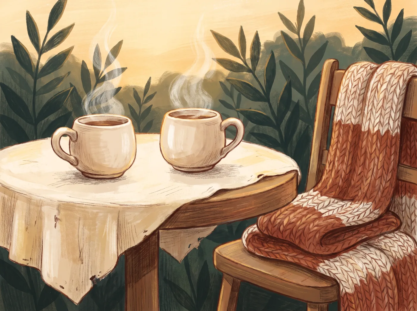 Illustration of two steaming mugs of coffee on an outdoor table at golden hour, with a knitted blanket on a nearby chair