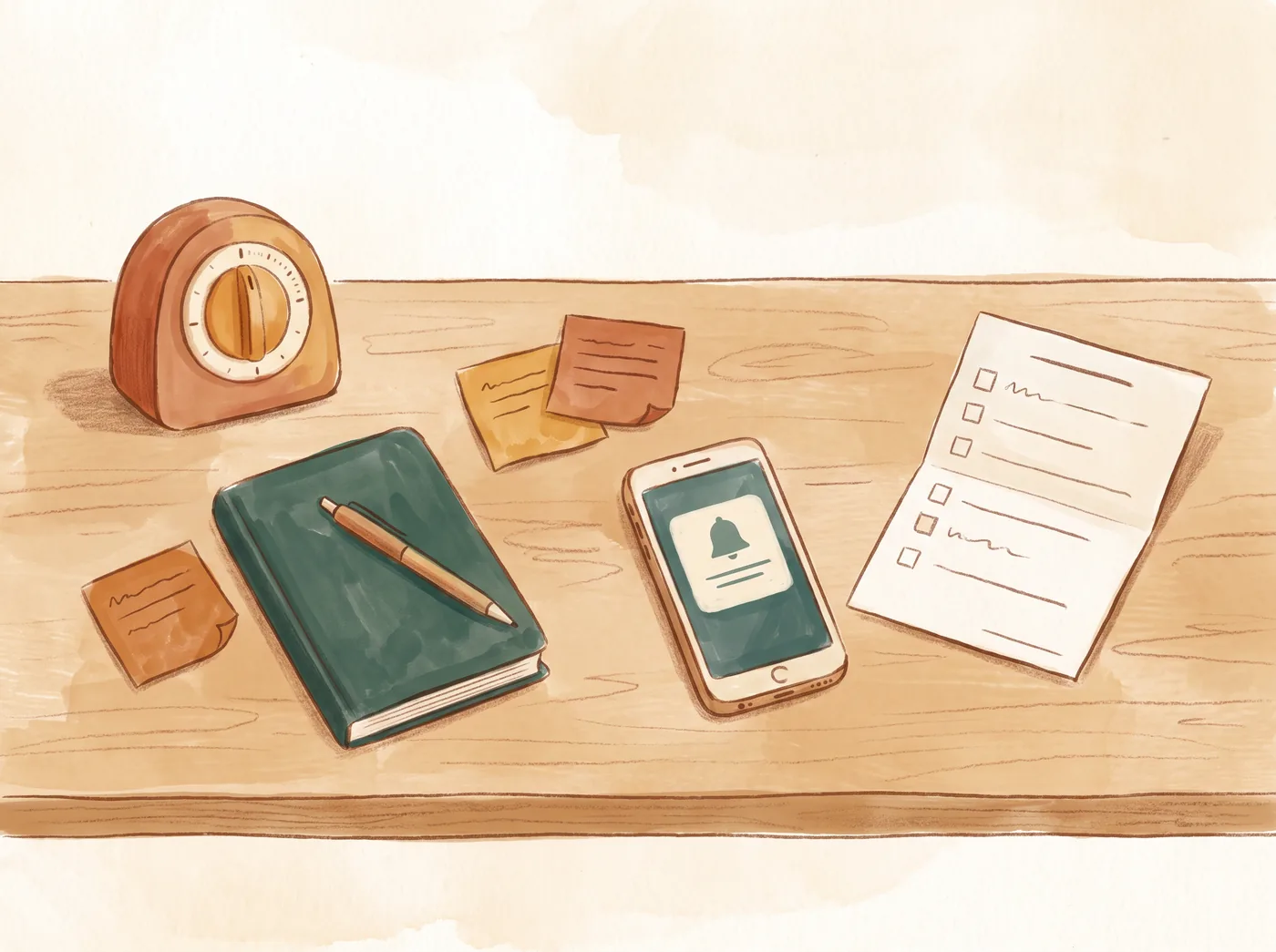 Flat-lay illustration of a kitchen timer, notebook, sticky notes, and a phone reminder icon arranged on a wooden desk